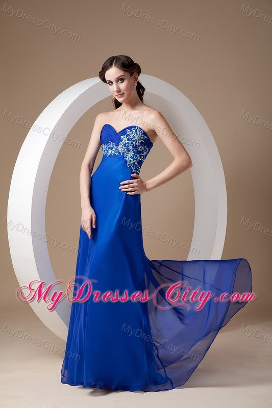 Blue Empire Sweetheart Appliques Evening Dress with Train