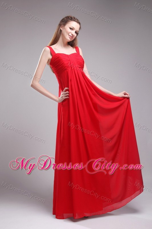 Red Empire Straps Ruched Chiffon Prom Dress Floor-length