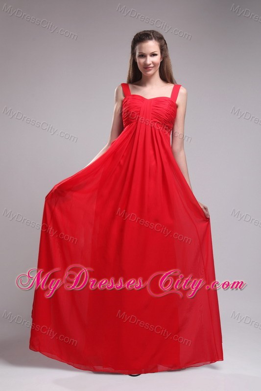 Red Empire Straps Ruched Chiffon Prom Dress Floor-length