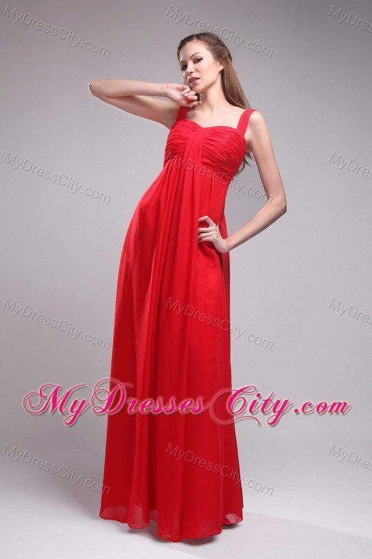 Red Empire Straps Ruched Chiffon Prom Dress Floor-length