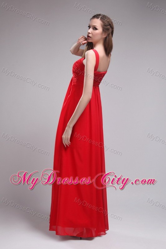 Red Empire Straps Ruched Chiffon Prom Dress Floor-length