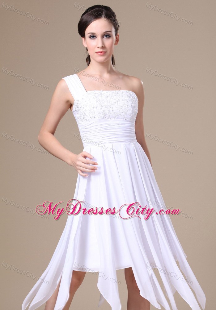 One Shoulder White Asymmetrical Prom Dress With Appliques