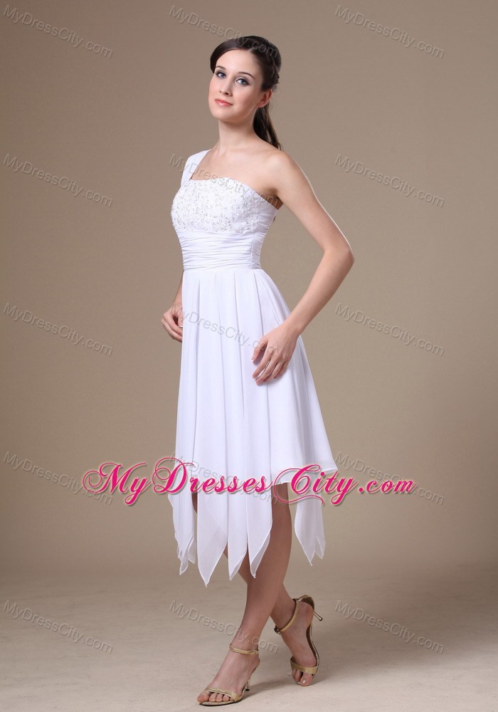 One Shoulder White Asymmetrical Prom Dress With Appliques