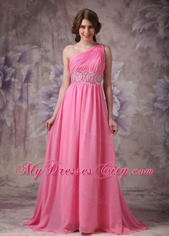 Beading and Ruches One Shoulder Rose Pink Prom Dress