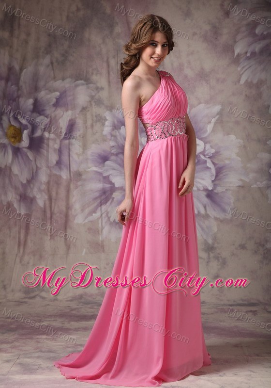 Beading and Ruches One Shoulder Rose Pink Prom Dress