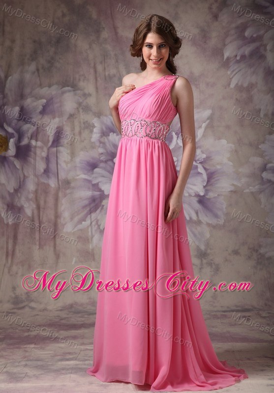 Beading and Ruches One Shoulder Rose Pink Prom Dress