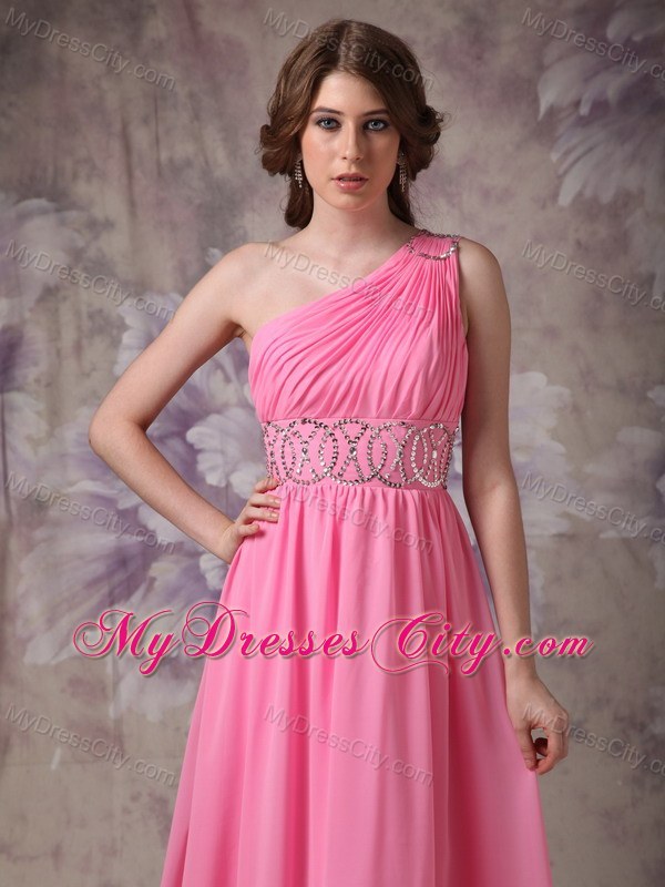 Beading and Ruches One Shoulder Rose Pink Prom Dress