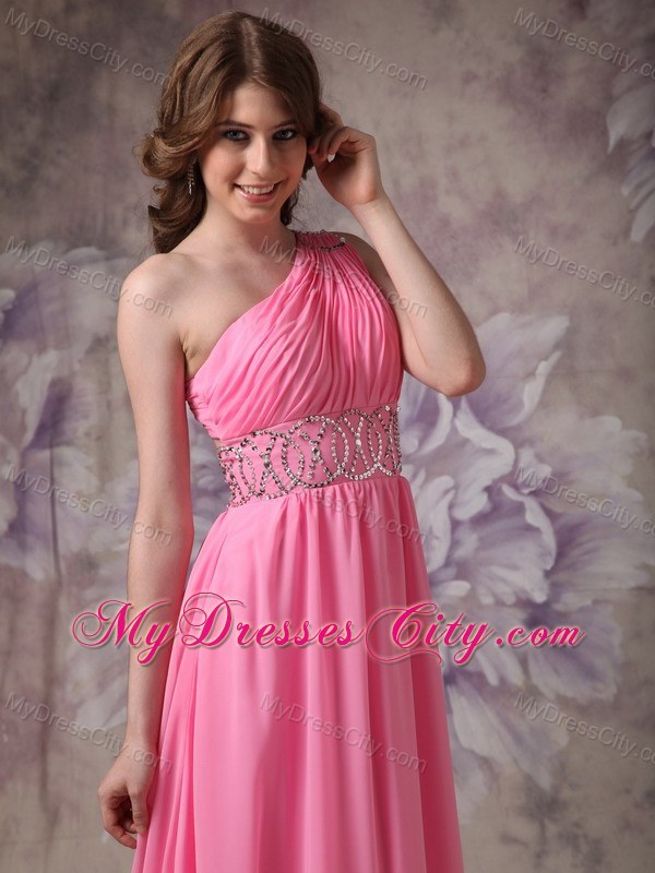 Beading and Ruches One Shoulder Rose Pink Prom Dress