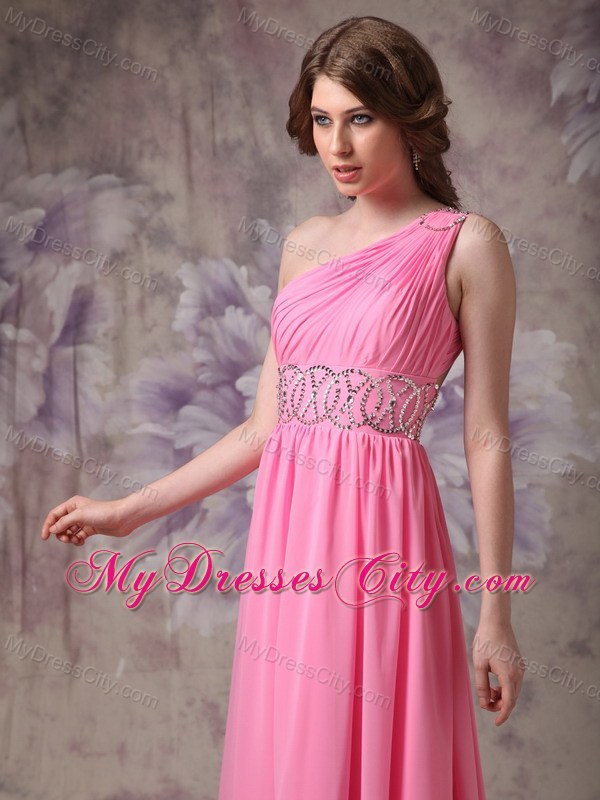 Beading and Ruches One Shoulder Rose Pink Prom Dress