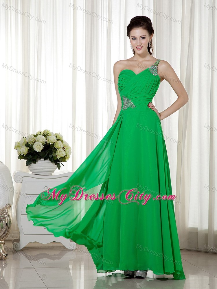 Empire Beaded One Shoulder Chiffon Green Prom Dress