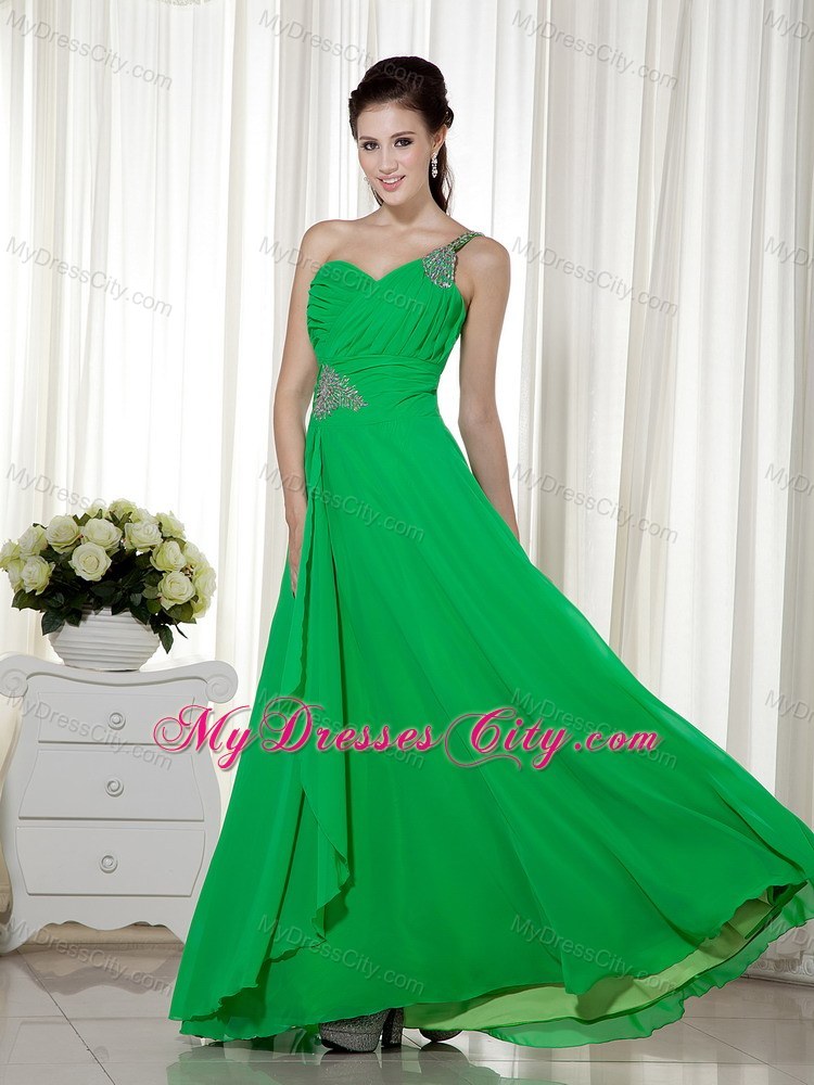 Empire Beaded One Shoulder Chiffon Green Prom Dress