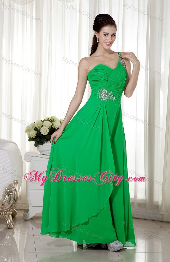 Empire Beaded One Shoulder Chiffon Green Prom Dress