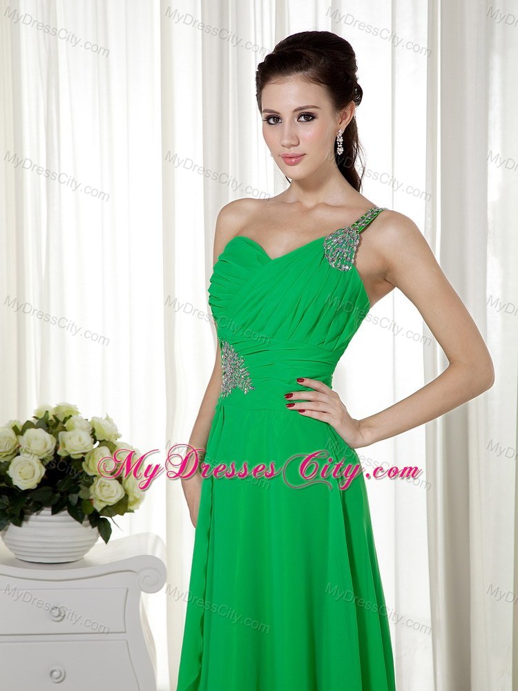 Empire Beaded One Shoulder Chiffon Green Prom Dress