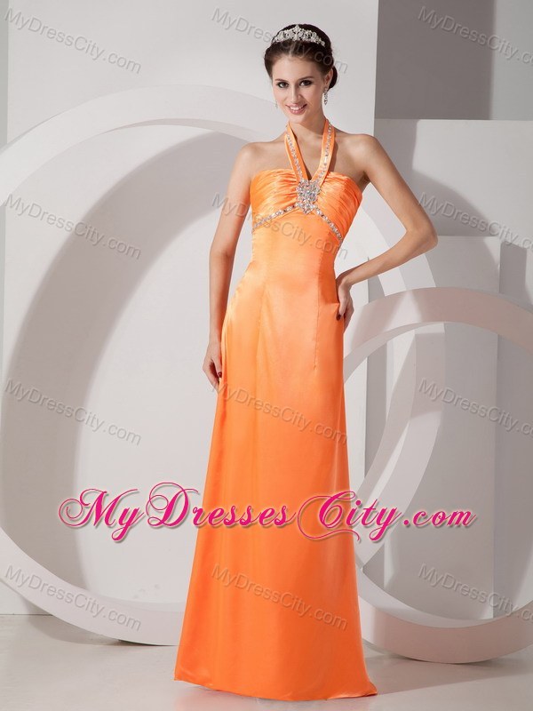 Long Beaded Halter Orange Red Slinky Evening Dress