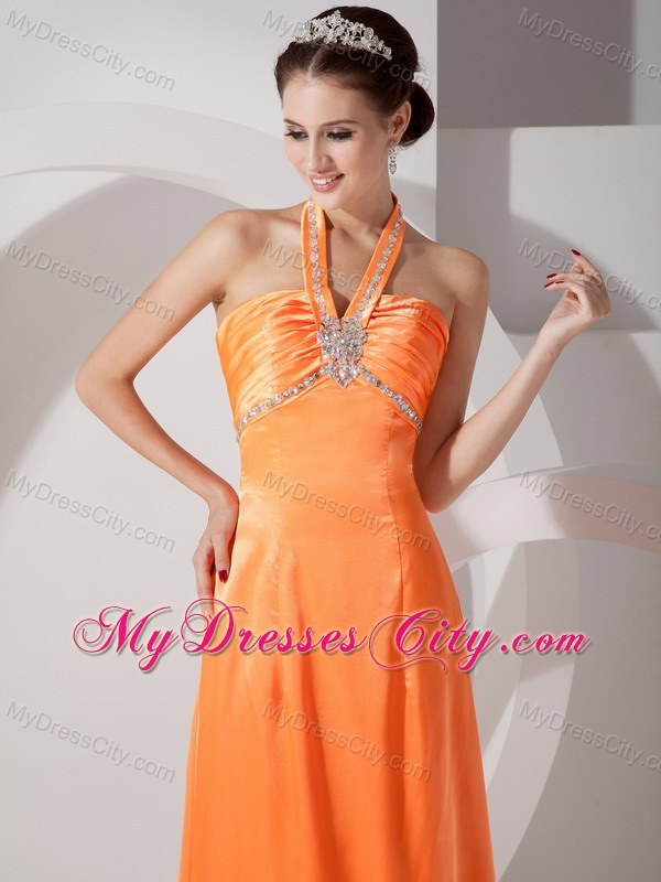 Long Beaded Halter Orange Red Slinky Evening Dress