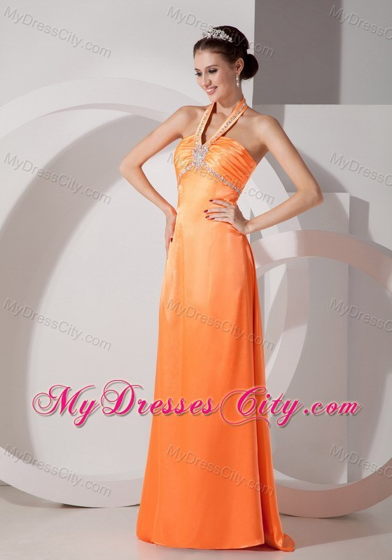 Long Beaded Halter Orange Red Slinky Evening Dress