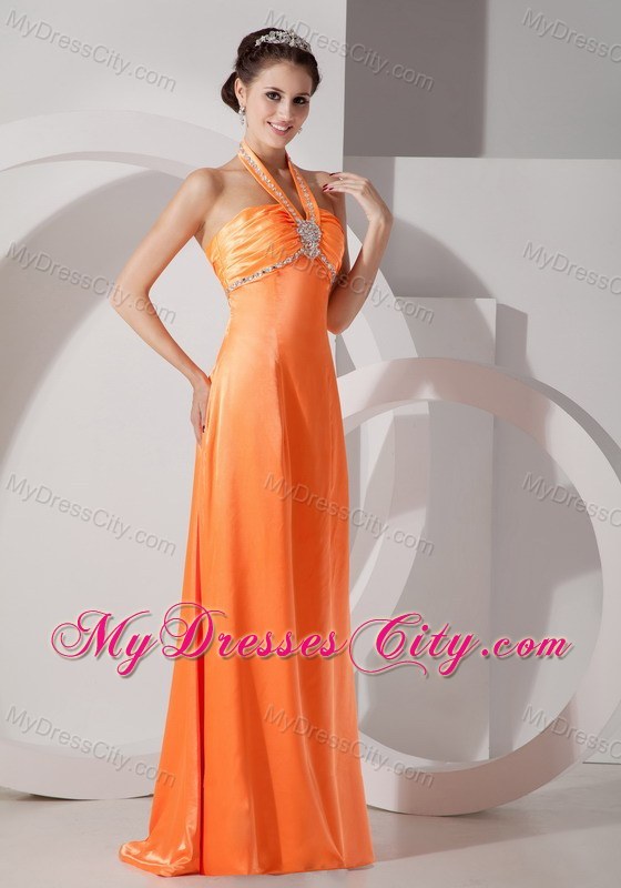 Long Beaded Halter Orange Red Slinky Evening Dress