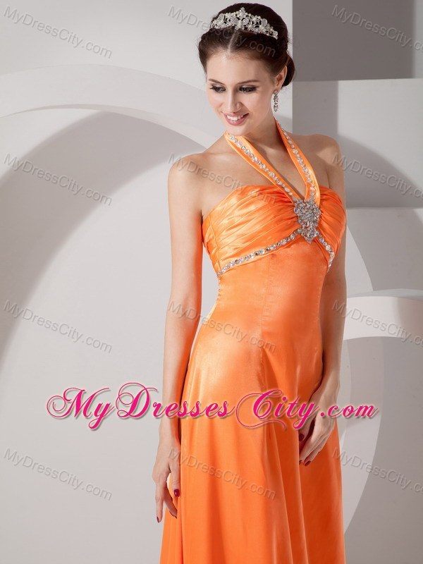 Long Beaded Halter Orange Red Slinky Evening Dress