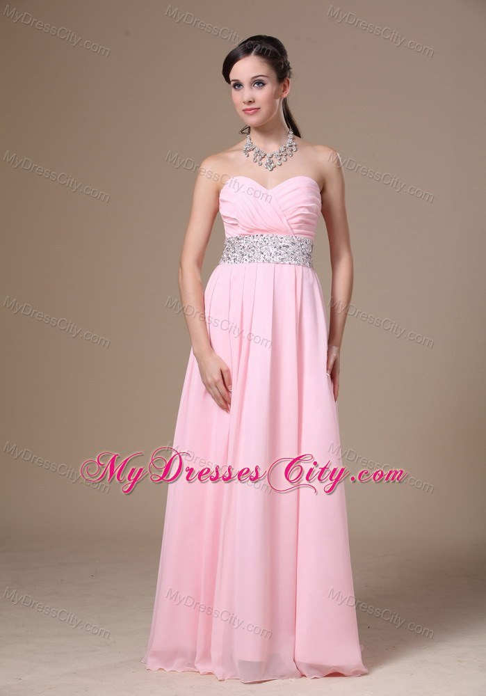 Pink Chiffon Sweetheart Prom Dress with Beaded Waist