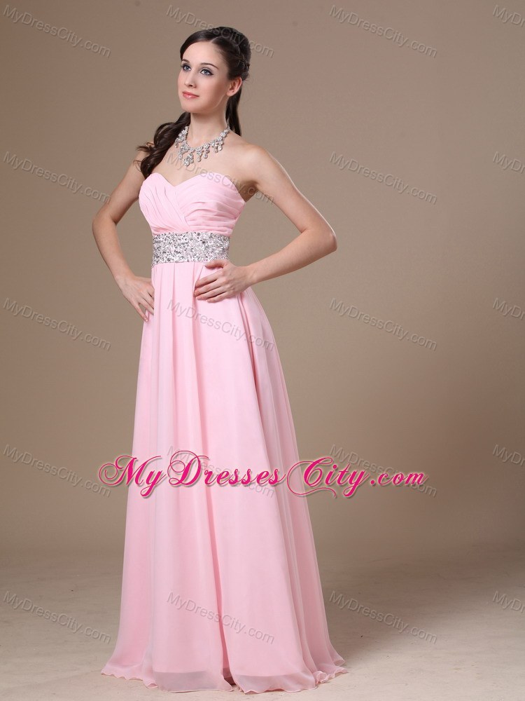 Pink Chiffon Sweetheart Prom Dress with Beaded Waist