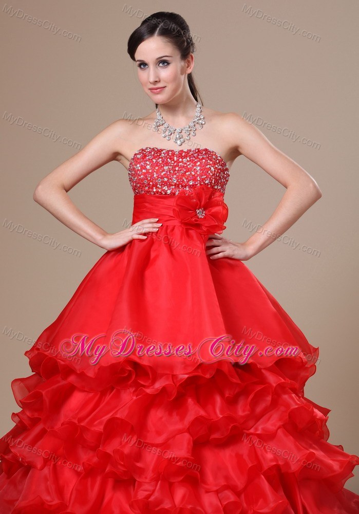 Beaded Flower Strapless Red Prom Dresses with Ruffles