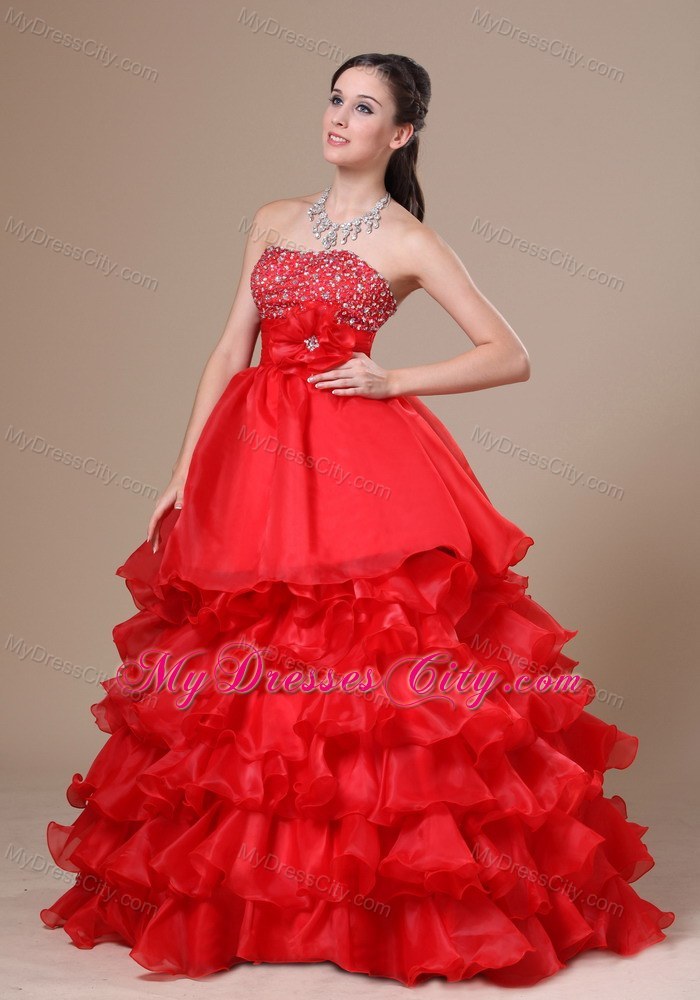 Beaded Flower Strapless Red Prom Dresses with Ruffles