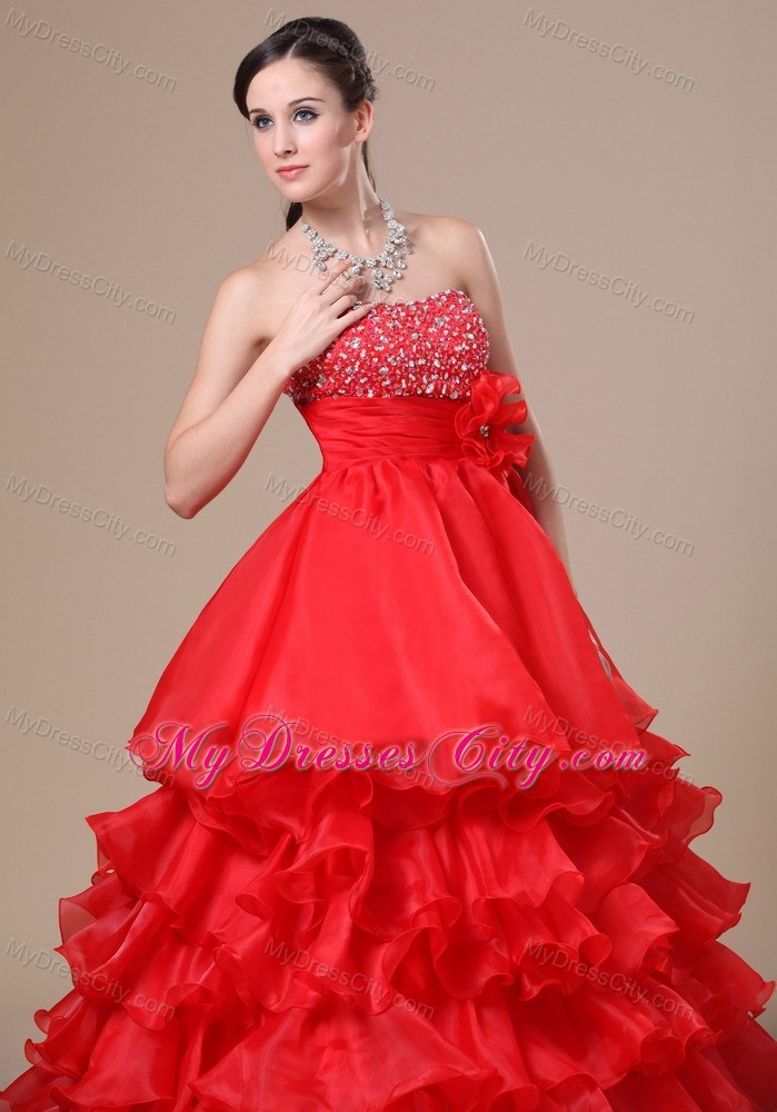 Beaded Flower Strapless Red Prom Dresses with Ruffles