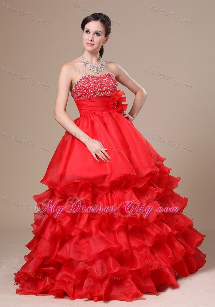 Beaded Flower Strapless Red Prom Dresses with Ruffles