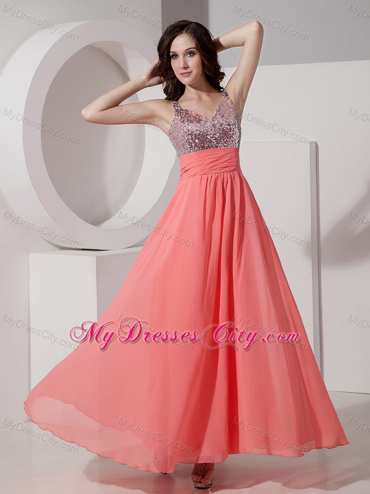 Watermelon Straps Sequined Chiffon Ankle-length Prom Dress