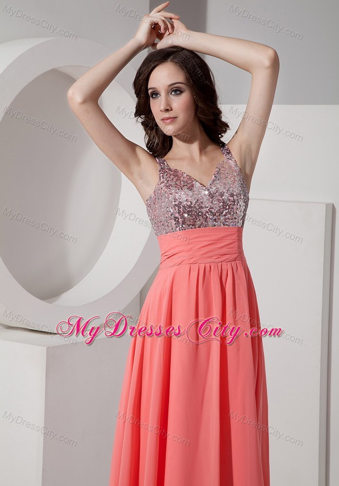 Watermelon Straps Sequined Chiffon Ankle-length Prom Dress