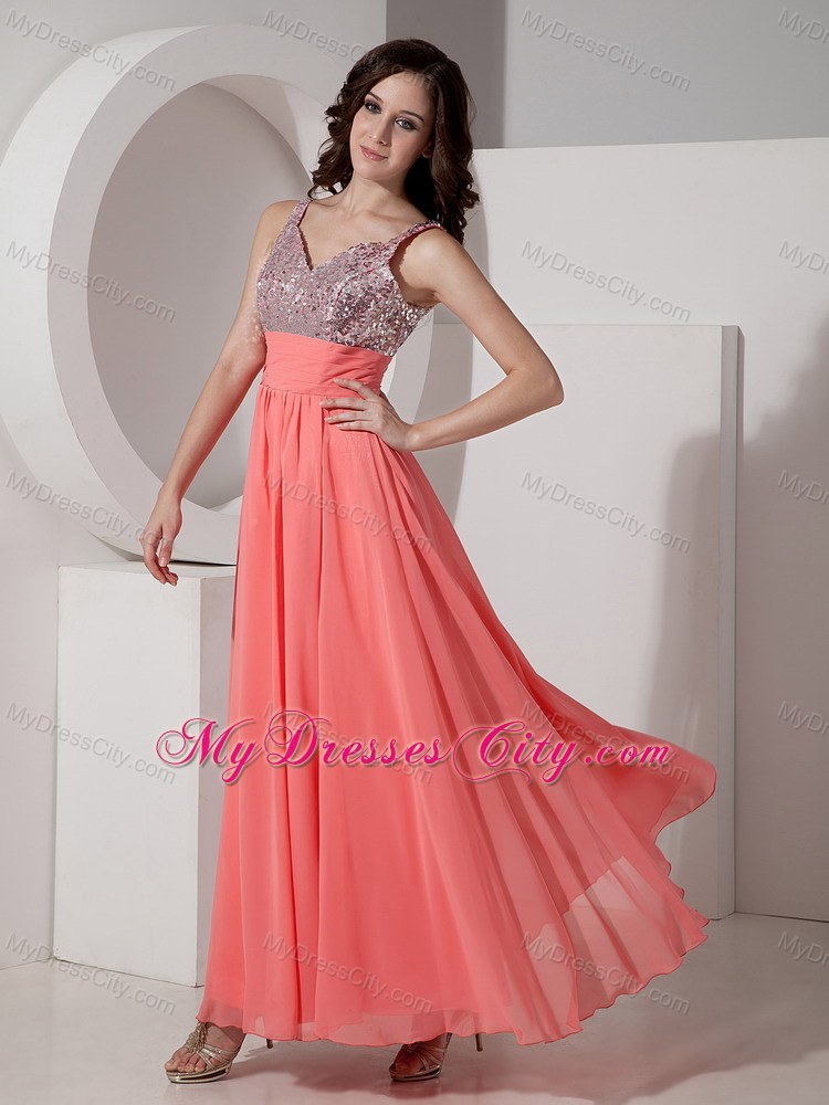 Watermelon Straps Sequined Chiffon Ankle-length Prom Dress