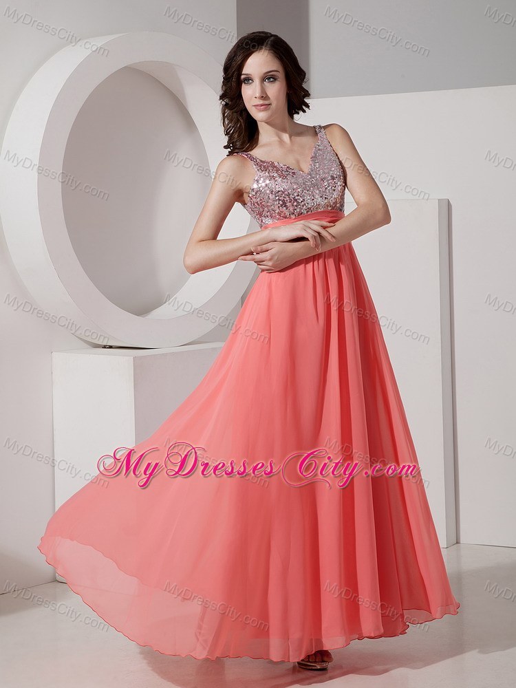 Watermelon Straps Sequined Chiffon Ankle-length Prom Dress