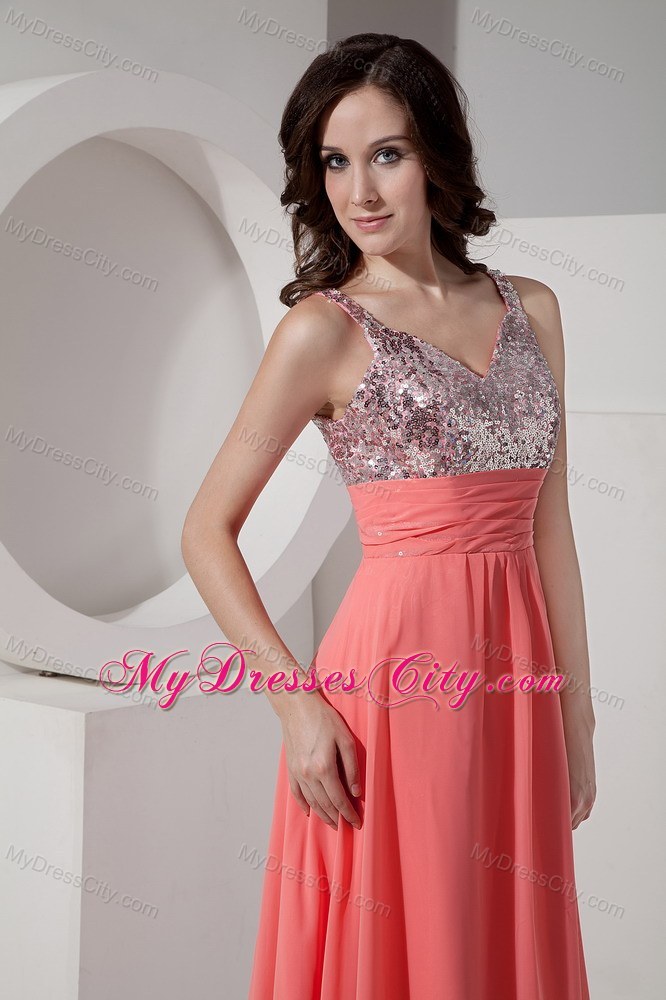 Watermelon Straps Sequined Chiffon Ankle-length Prom Dress