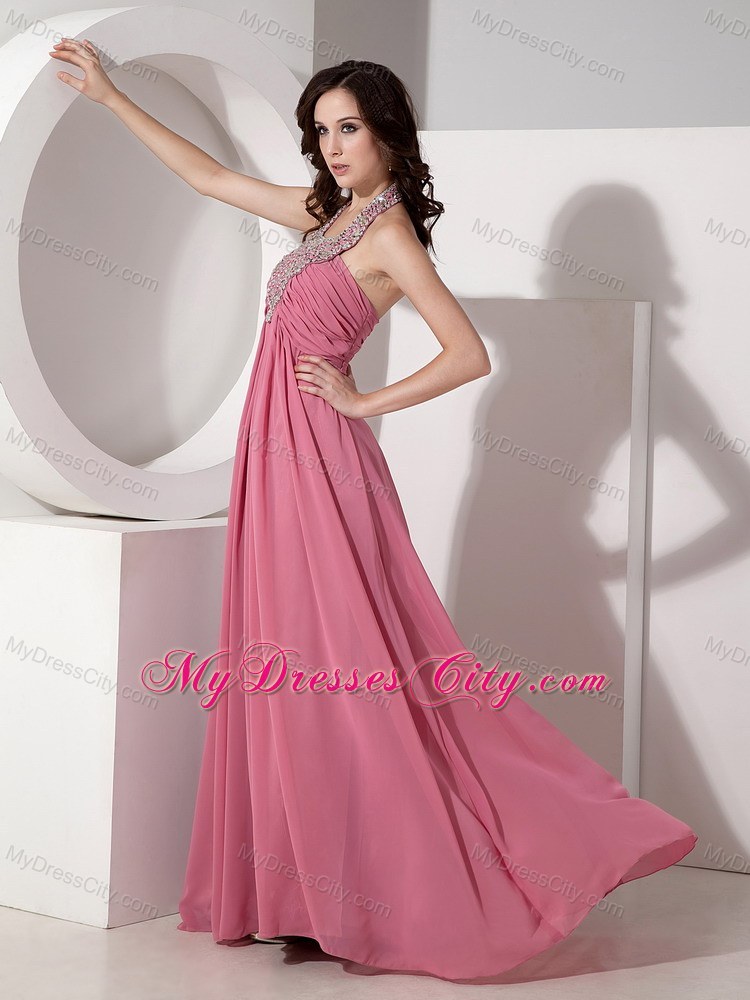 Beautiful Halter Top Chiffon Prom Dress with Rhinestones