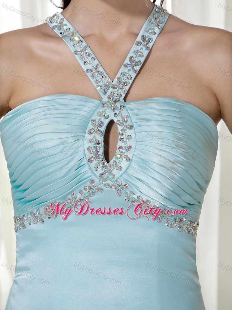 Long Blue Empire Halter Beading Prom Dress with Train