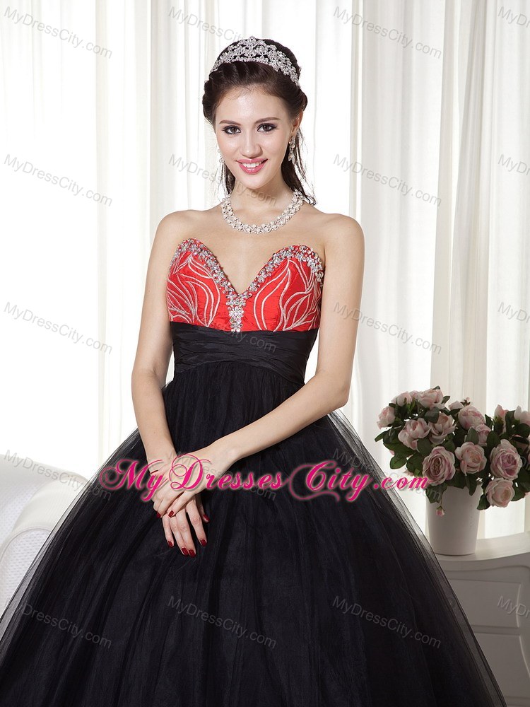 Beaded A-line Sweetheart Tulle Black and Red Prom Dress