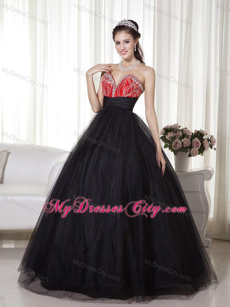 Beaded A-line Sweetheart Tulle Black and Red Prom Dress