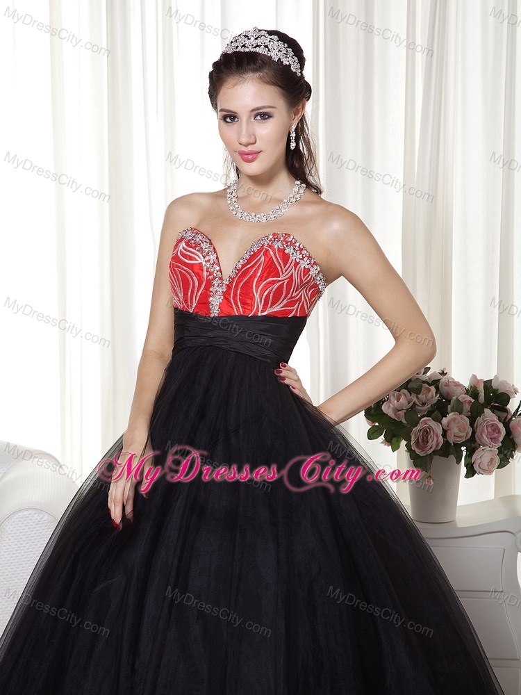 Beaded A-line Sweetheart Tulle Black and Red Prom Dress