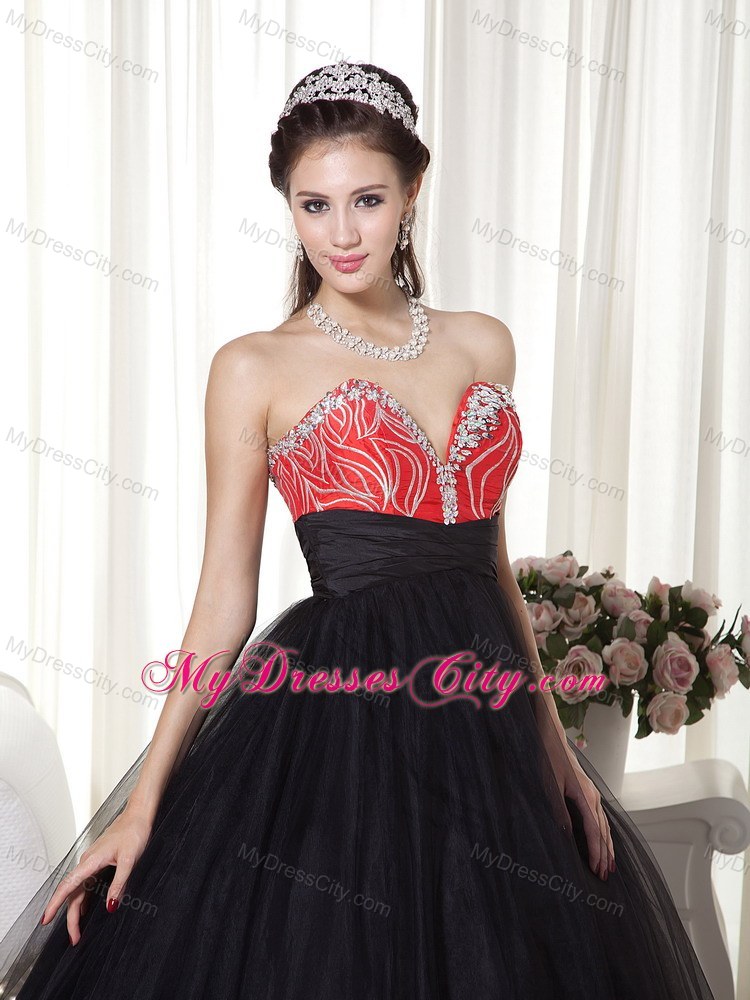 Beaded A-line Sweetheart Tulle Black and Red Prom Dress