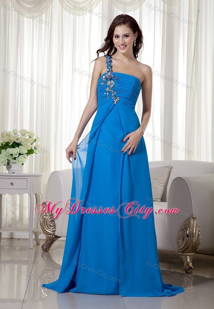 One Shoulder Blue Chiffon Appliques Prom Dress with Train