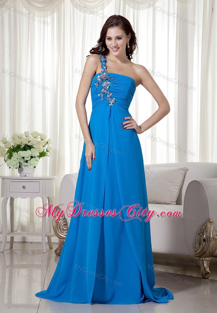 One Shoulder Blue Chiffon Appliques Prom Dress with Train