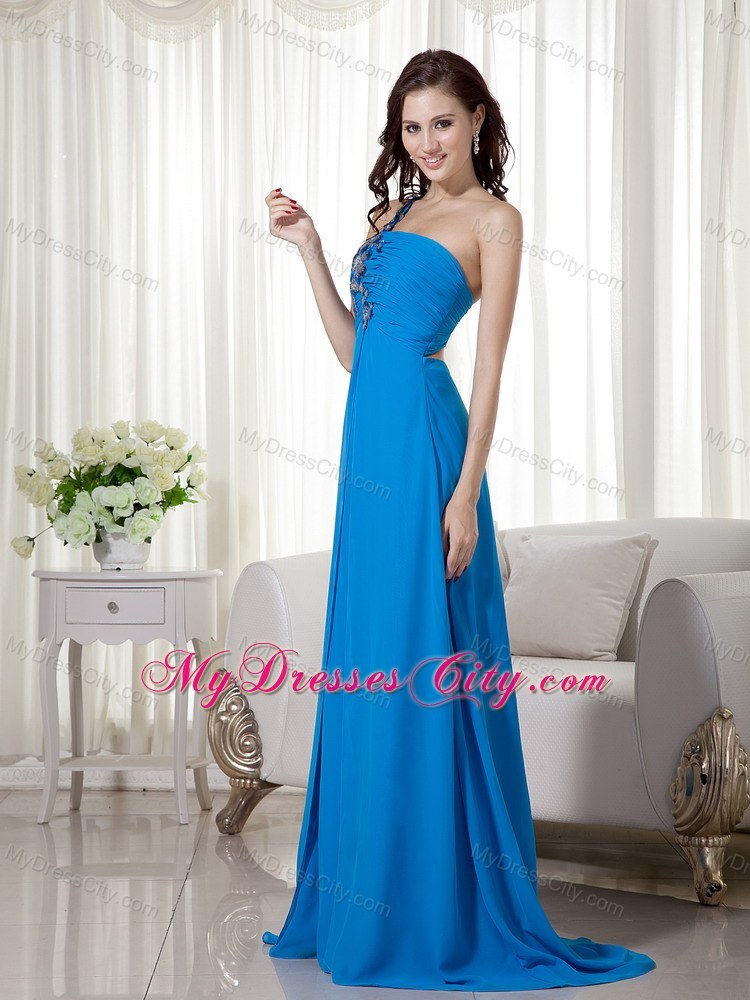 One Shoulder Blue Chiffon Appliques Prom Dress with Train