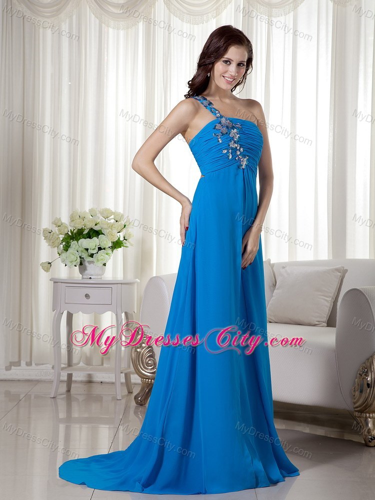 One Shoulder Blue Chiffon Appliques Prom Dress with Train