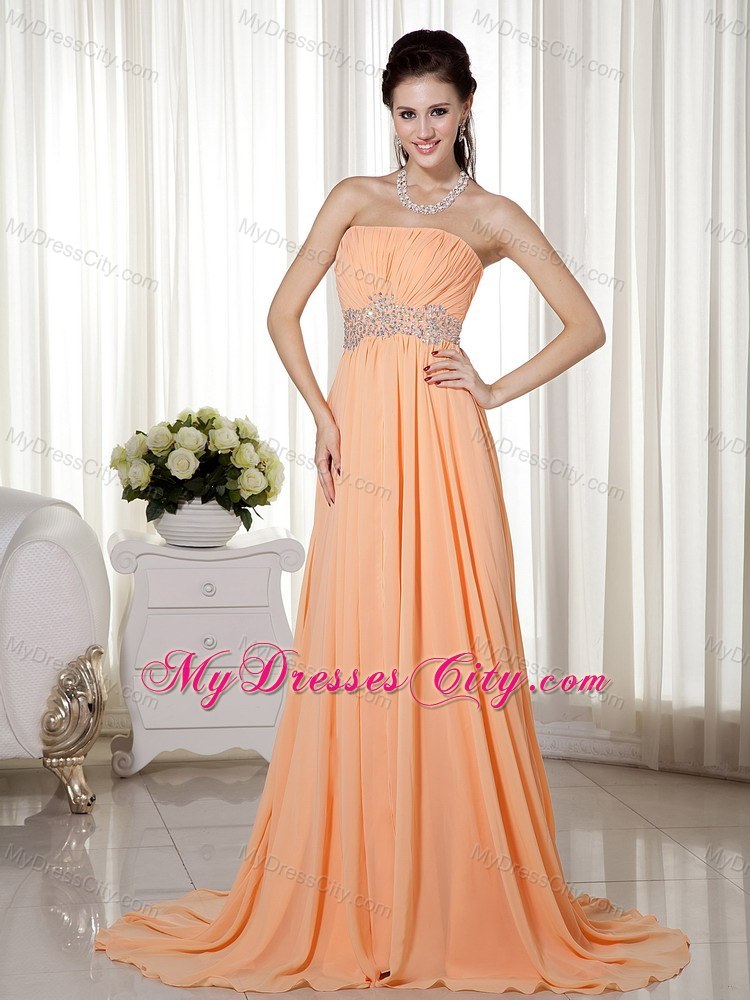 Vintage Empire Strapless Brush Train Chiffon Beaded Prom Dress