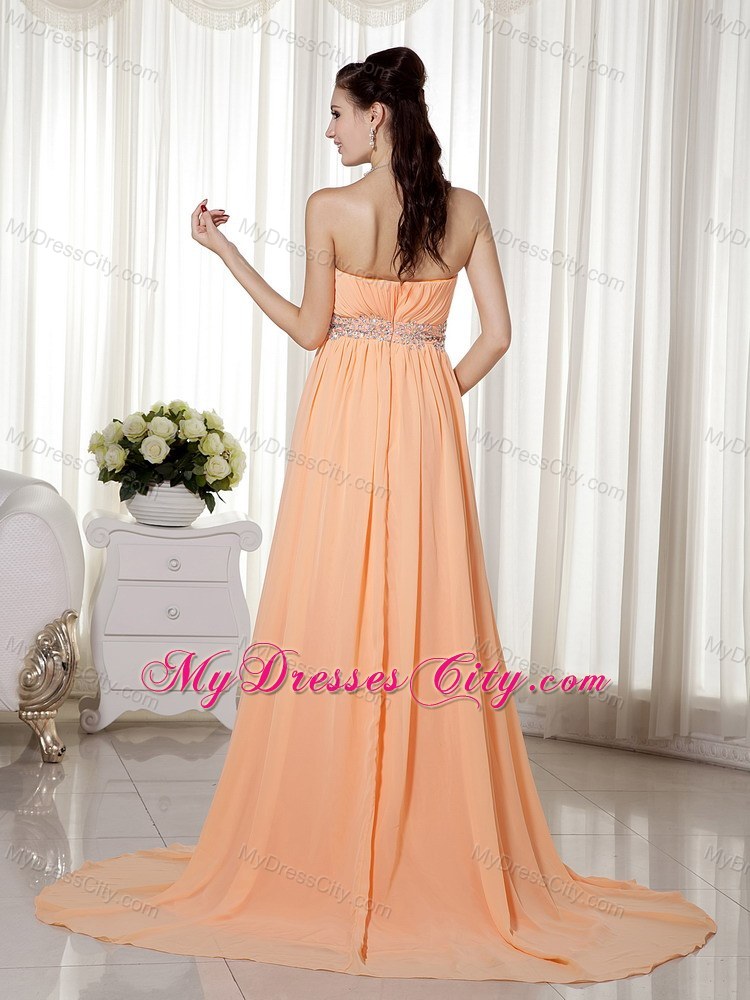 Vintage Empire Strapless Brush Train Chiffon Beaded Prom Dress