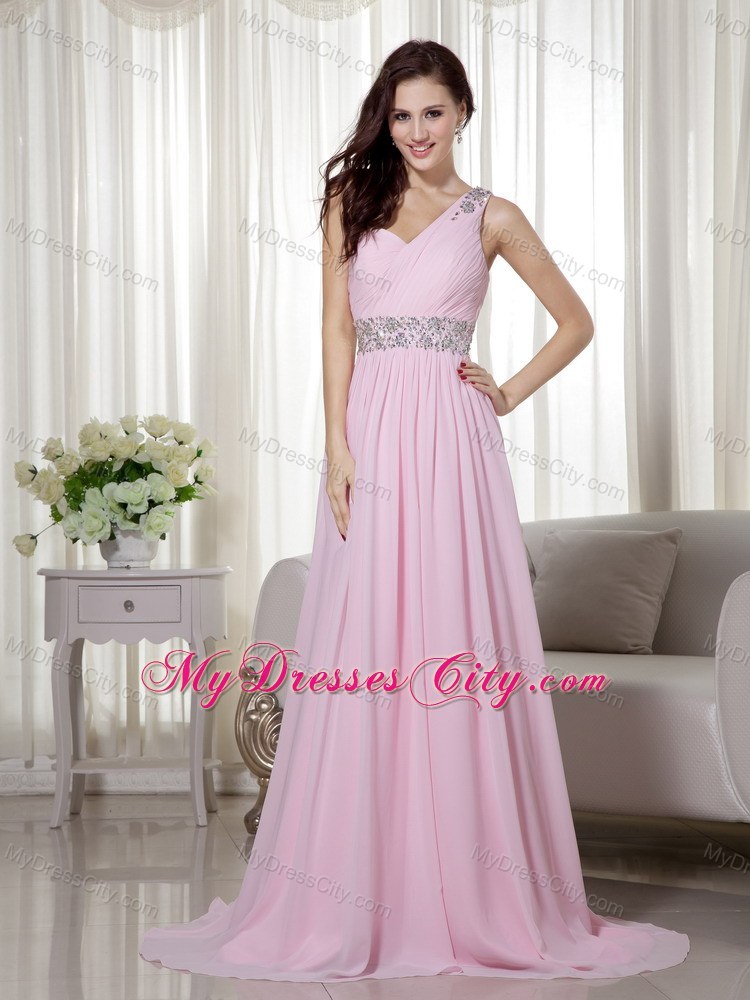 Baby Pink Empire One Shoulder Beading and Ruching Prom Gown