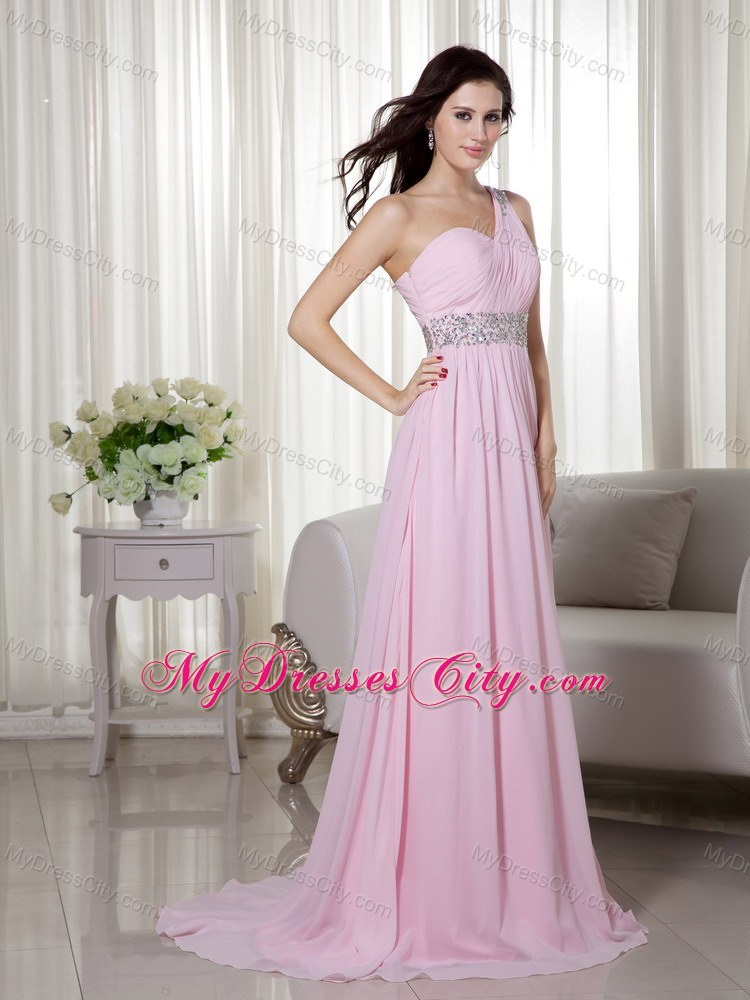 Baby Pink Empire One Shoulder Beading and Ruching Prom Gown