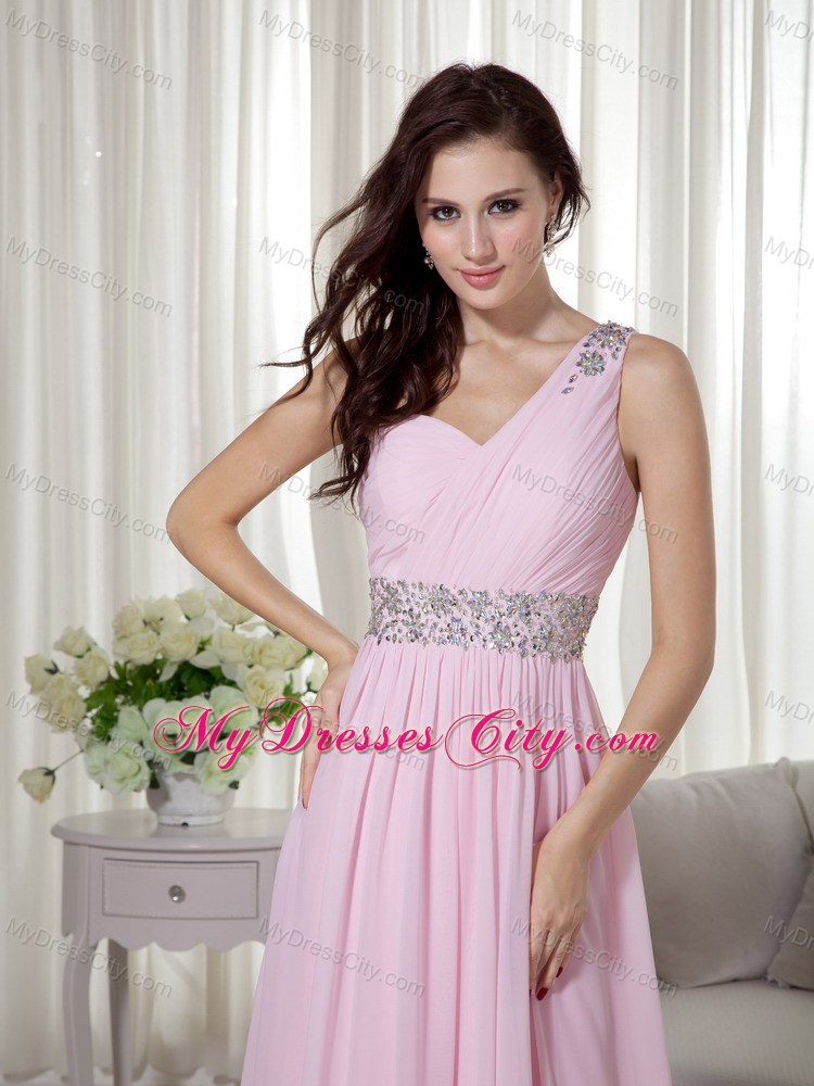 Baby Pink Empire One Shoulder Beading and Ruching Prom Gown