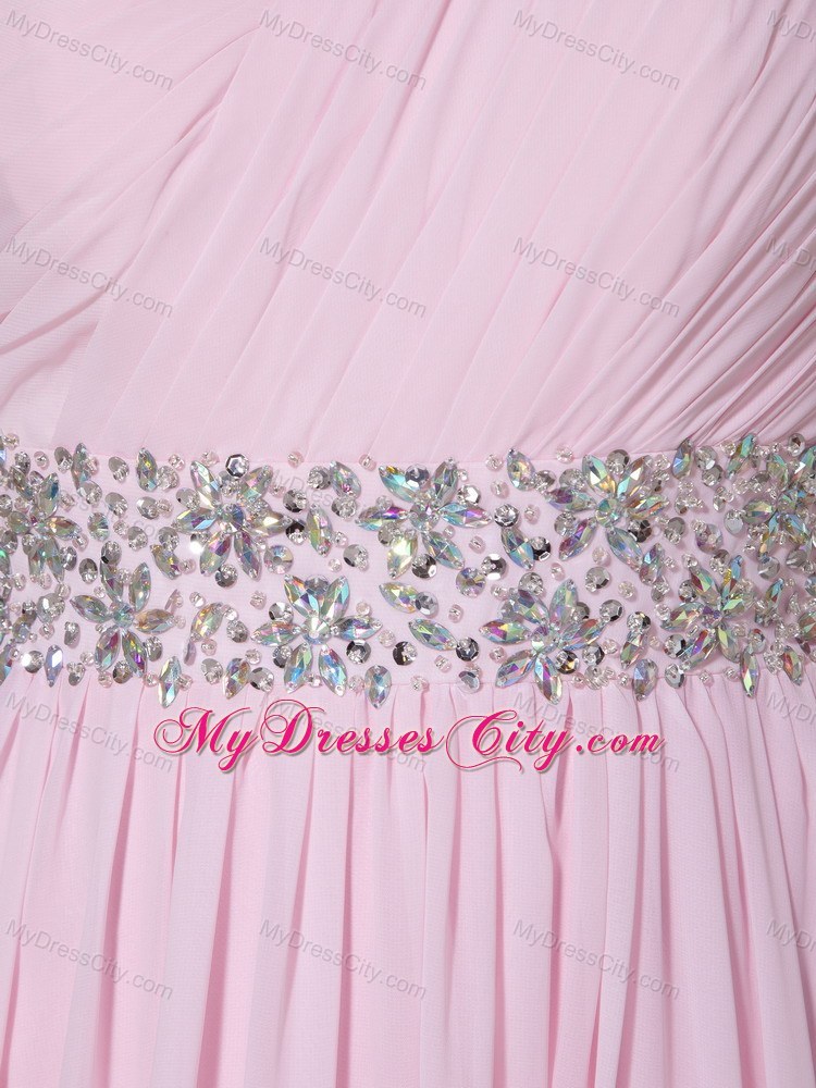 Baby Pink Empire One Shoulder Beading and Ruching Prom Gown