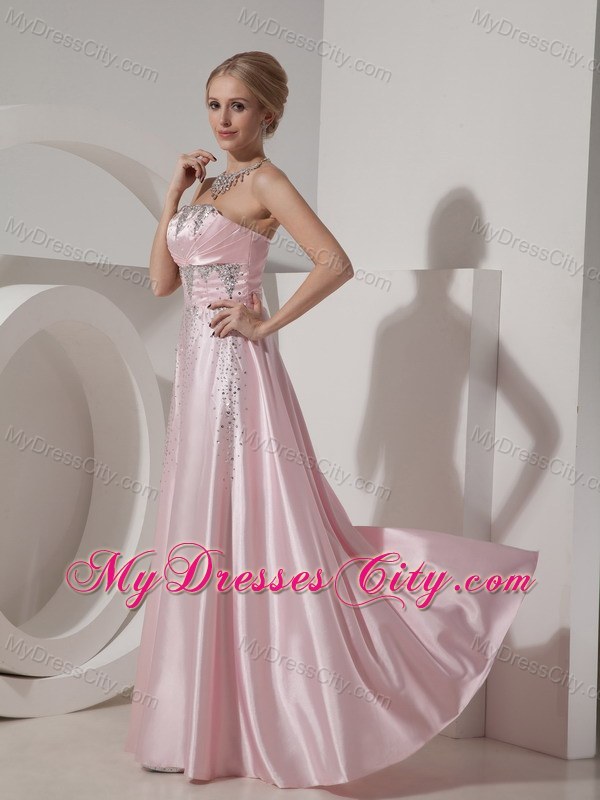 Beading Floor-length Baby Pink Prom Dress in Elastic Woven Satin